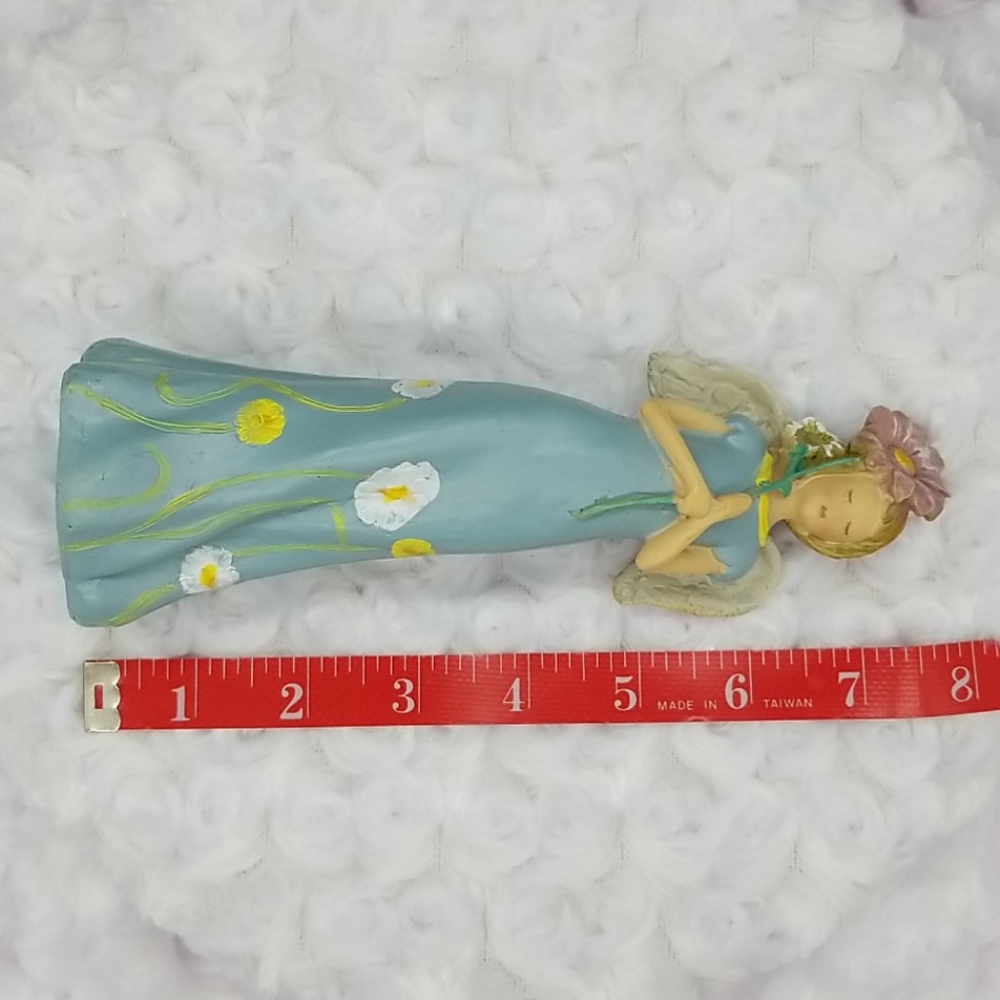 Angel in Blue Dress with Flowers Holding a Pink Daisy Figurine - Picture 5 of 6